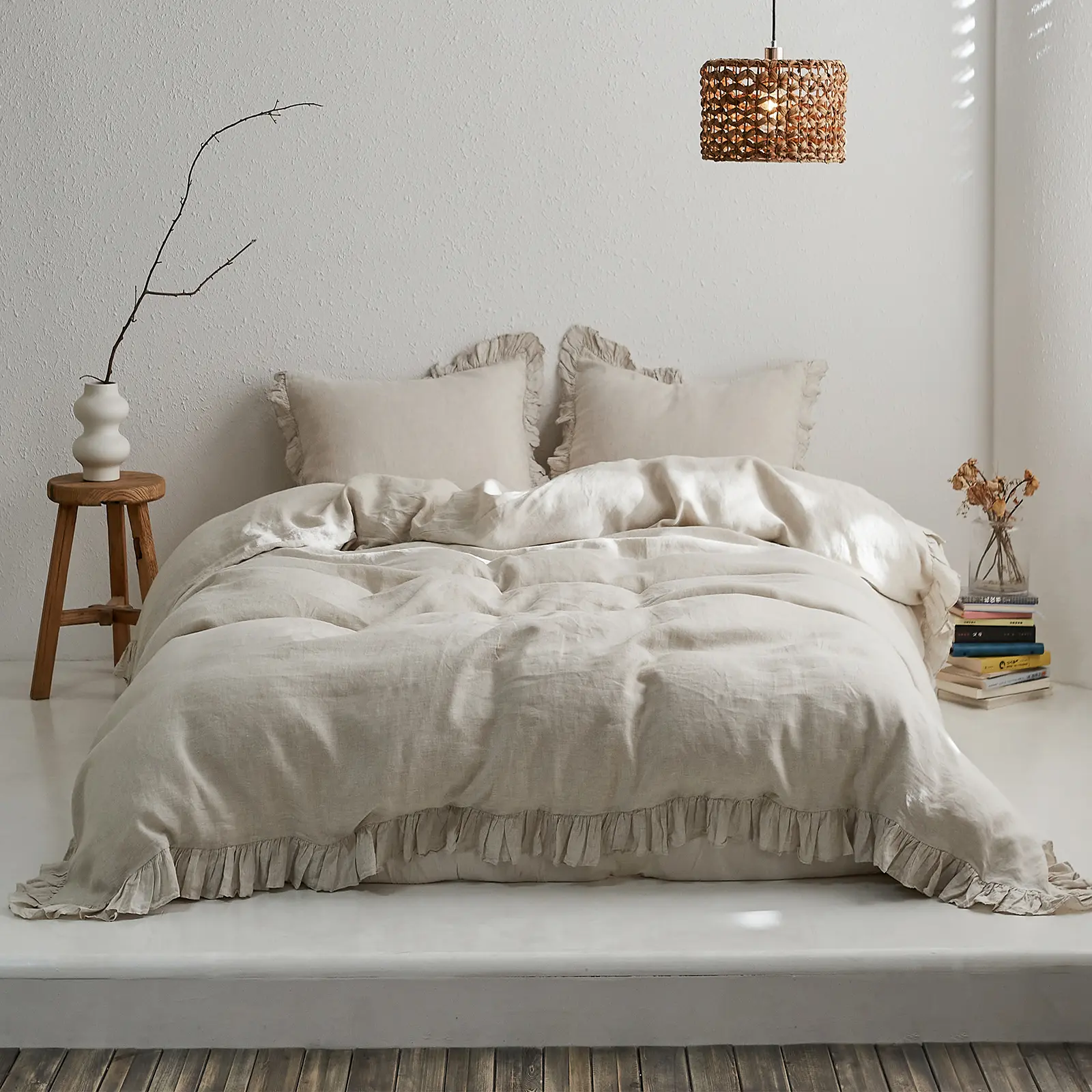 Simple&Opulence 100% Linen Duvet Cover Set, Natural French Flax Ruffle Duvet Cover, Breathable Comfy Linen Bedding Comforter Cover with Pillowcase,tiktokshopsummersale