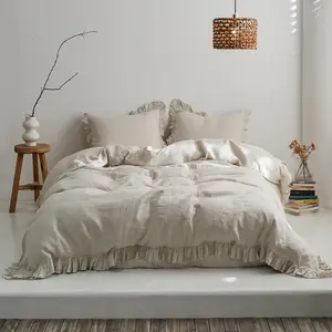Simple&Opulence 100% Linen Duvet Cover Set, Natural French Flax Ruffle Duvet Cover, Breathable Comfy Linen Bedding Comforter Cover with Pillowcase
