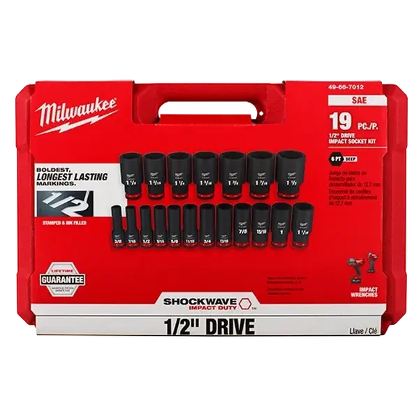 Milwaukee 49-66-7012 19PC SHOCKWAVE Impact 1/2" Drive SAE Deep 6 Pt Socket Set