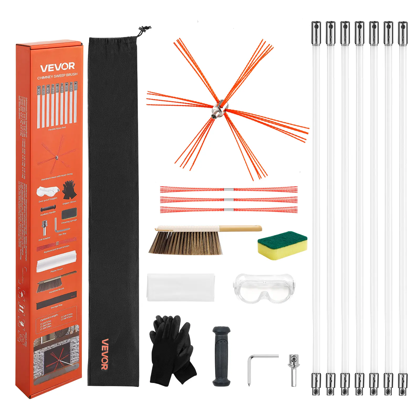 【summerfinds】VEVOR Chimney Sweep Kit, 23 ft Maximum Extendable Length Chimney Brush, Chimneys Cleaning Kit with Bristle Replacements & Goggles, 90° Bendable Fireplace Cleaning Tool, for Square, Rectangle Chimneys
