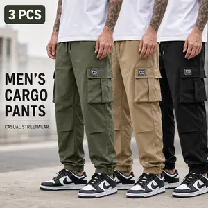 3-Pack Men’s Cargo Joggers Elastic Drawstring Waist Multiple Pockets Casual Street Style Pants