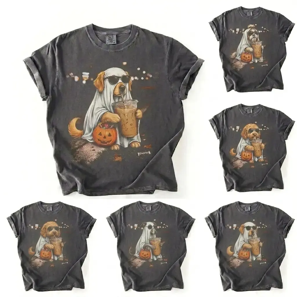Women's Casual Loose Short-Sleeve Graphic T-Shirt - Comfort Colors 50 Dog Breeds Ghost Dog Iced Coffee Tee, Cute Autumn Halloween Pet Lover Gift - TrendWear USA Everyday Top