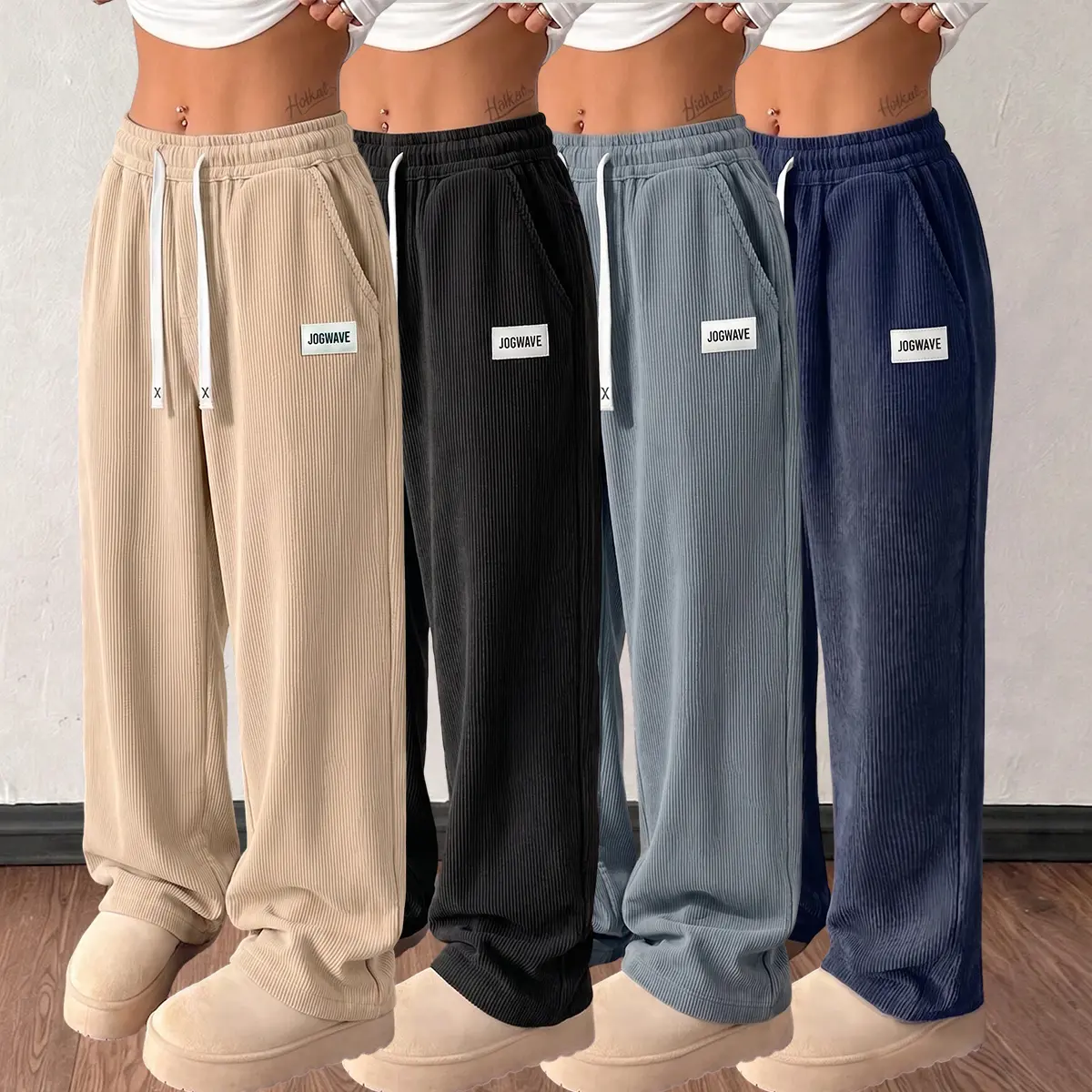 JOGWAVE Women's Bottoms - 4PCS Basic Corduroy Pants, Mid Waist Drawstring, Straight Full Length, Lightweight Casual Wear for Spring & Autumn, Suitable for Daily Use & Dates, Bottom, Long Pants