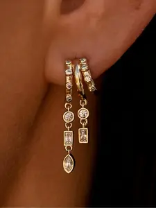 Dainty Gold Hoop Earrings with Mixed Cut CZ Dangles, 14K Gold Plated Huggie Earrings for Women, Bridal Jewelry, Bridal Drop Earrings