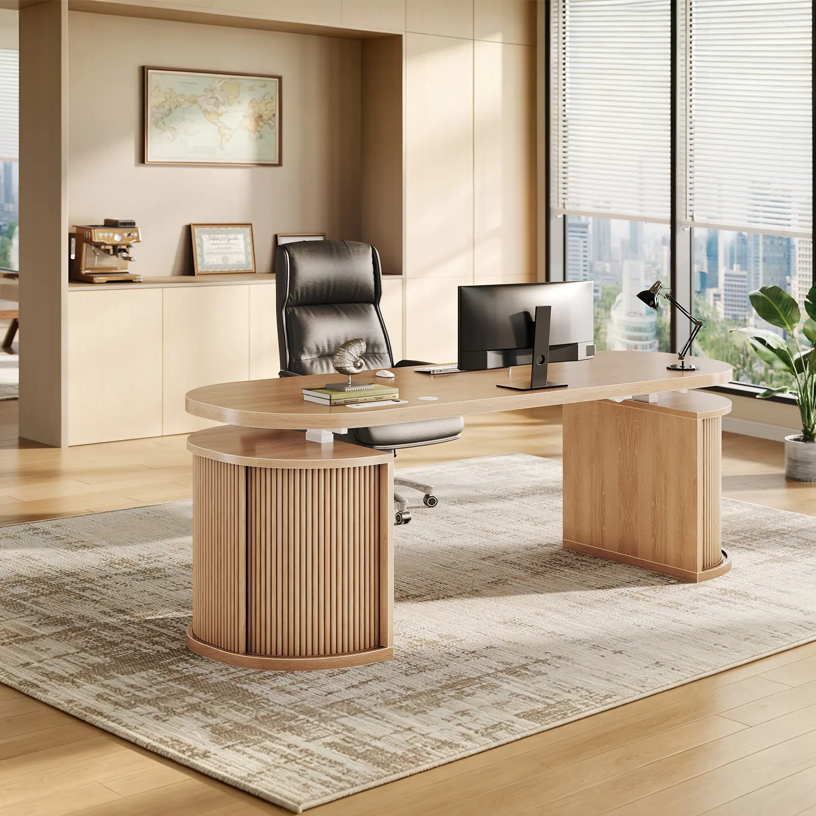 SEDETA 57 Inch Standing Desk with Storage Electric Height Adjustable Executive Fluted Desk with Curved Cabinets Computer Desk with Power Strip