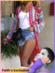 【Faith Exclusive】Women's Bohemian Colorful Crochet Hollow Out Cardigan, Light Fringe Belted Vacation Beach Cover-Up Jacket