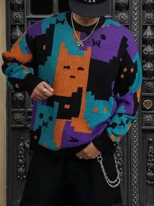 Unisex Casual Knitted Sweater, Vintage Crewnecks Jumper, Long Sleeve Round Neck Pullover, Cartoon Cat Pattern, Spring Fall Winter Wear, Comfortable Commuter Top, Colorblock Pullover