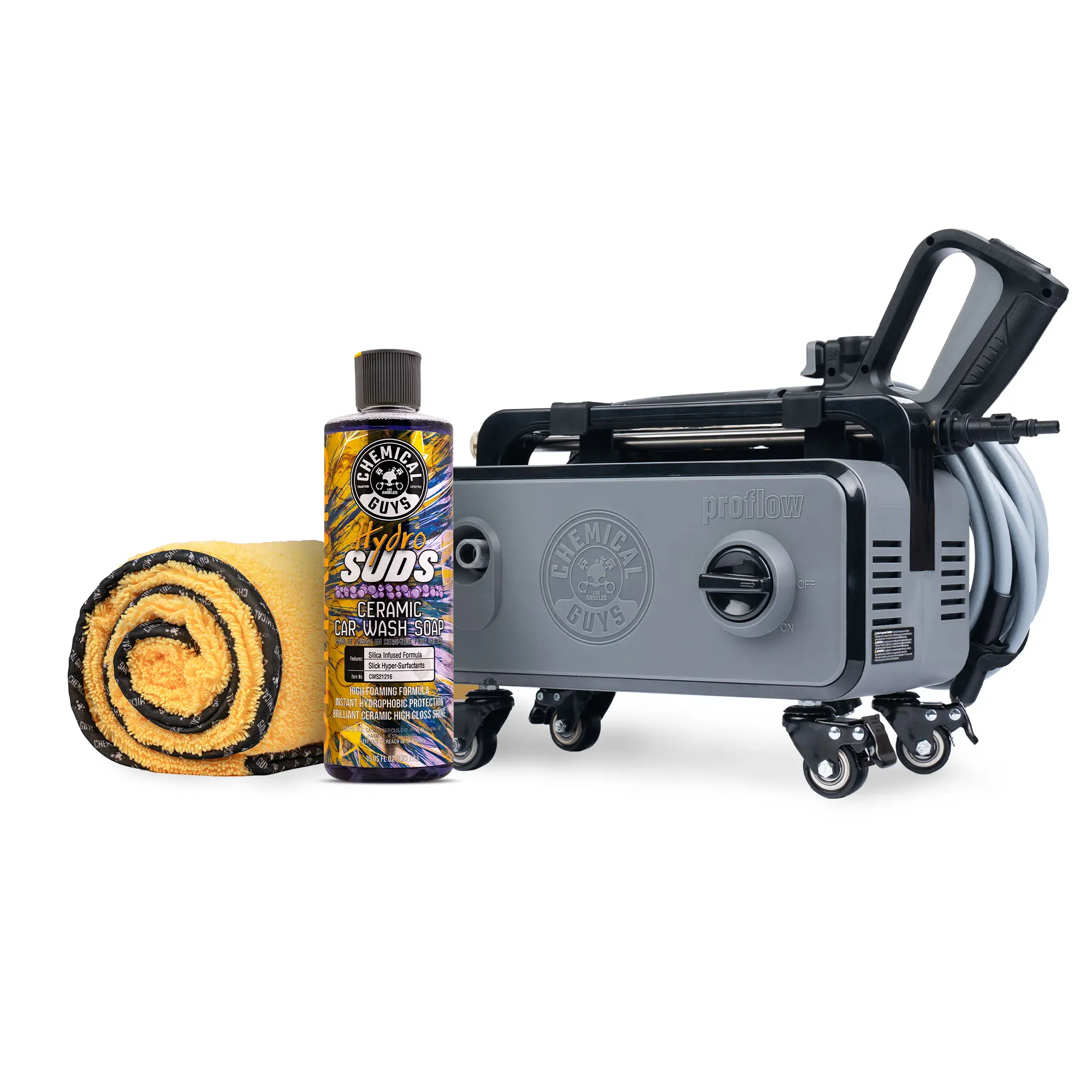 Chemical Guys Ceramic Car Cleaning Kit - ProFlow PM2000 Pro Portable 2030 PSI High Pressure Washer (Car Wash Equipment), HydroSuds Soap, Miracle Dryer Towel for Scratch-Free Use, Outdoor Decks Deep Clean & Long-Lasting Protection, Pro-Level