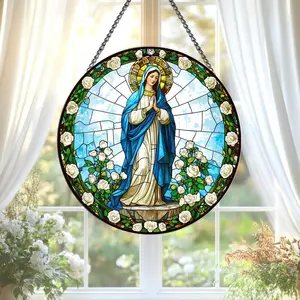 Virgin Mary Stained Glass Suncatcher Window Hanging with Roses, Catholic Religious Home Decor with Chain, Spiritual Faith Window Ornament