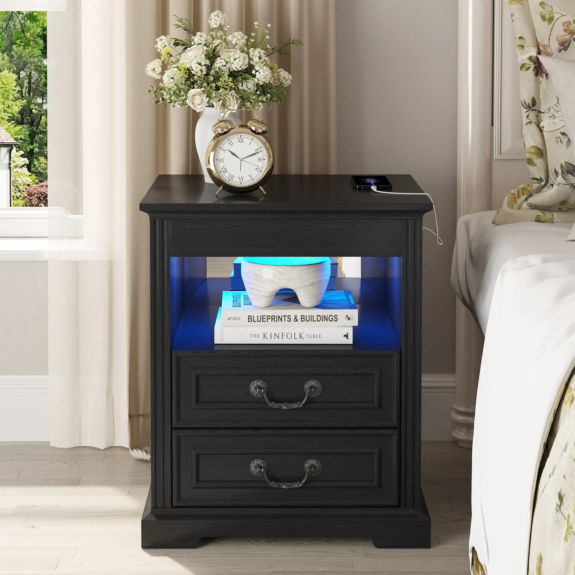 Vlsrka Farmhouse Nightstand with Lockable Gun Drawer, Motion Sensor LED Light, Charging Station and 2 Storage Drawers, Bedside Table for Bedroom
