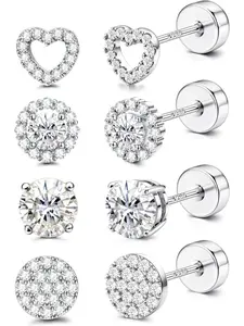 4 Pairs 925 Sterling Silver Post Flat Back Stud Earrings Set Hypoallergenic Screw Back Helix Cartilage Conch Earrings For Women Men Girls CZ Round Heart Star Jewellery Gold Silver 6mm-10mm Stud Earrings Jewelry