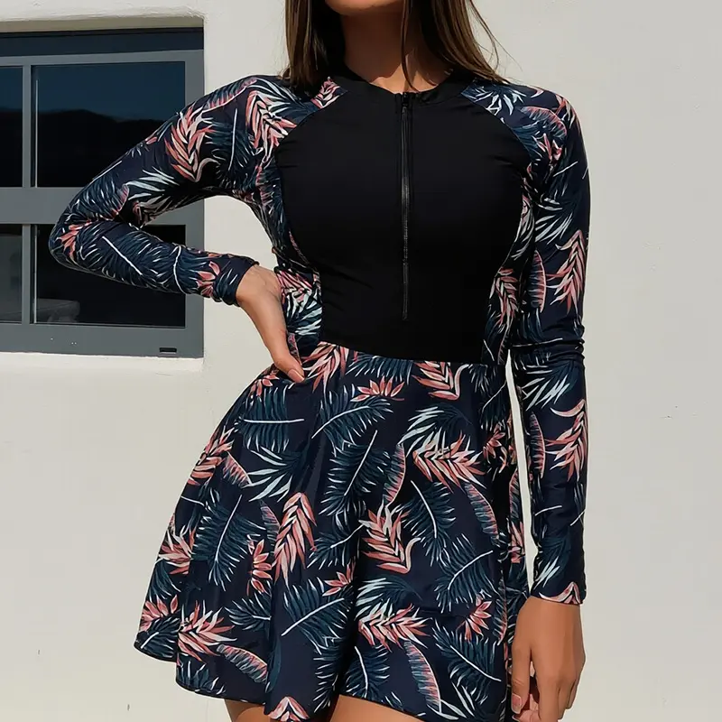 Women's 1-Piece Polyester Blend Floral Rash Guard Swim Dress - Long Sleeves, Tummy Control, Mid-Thigh Length Shorts, UV Sun Protection, Modest Cut, Zippered Front, Elegant Print Beach Vacation Swimwear
