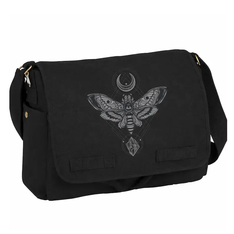 Black Canvas Messenger Bag - Moth Moon and Rock - Messenger Bag Women/Men - Vintage Messenger Bag Woman