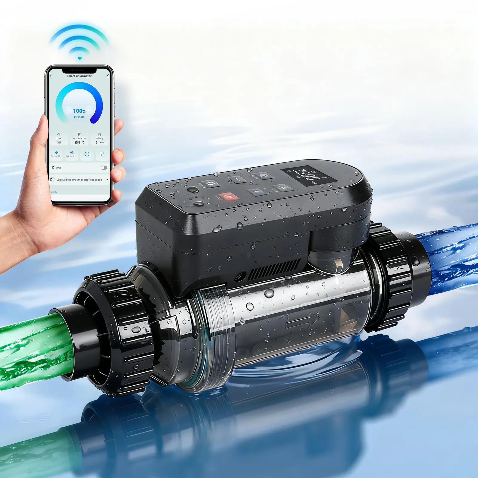Smart Salt Water Pool Chlorinator System - 1.5" Model, Titanium Cell, 40g/h Output, App Control, Digital Panel, LED Display, Self-Cleaning, Compact & Easy to Install, Enhances Water Quality for Pools up to 40k Gal