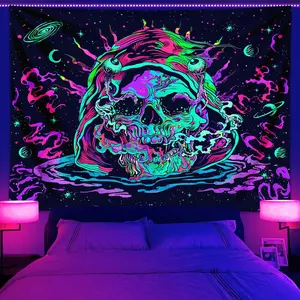 Skull Pattern Tapestry, 1 Count UV Responsive Black Light Tapestry, Space Planet Starry Sky Tapestry for Home Bedroom Living Room Dormitory Decor Hanging