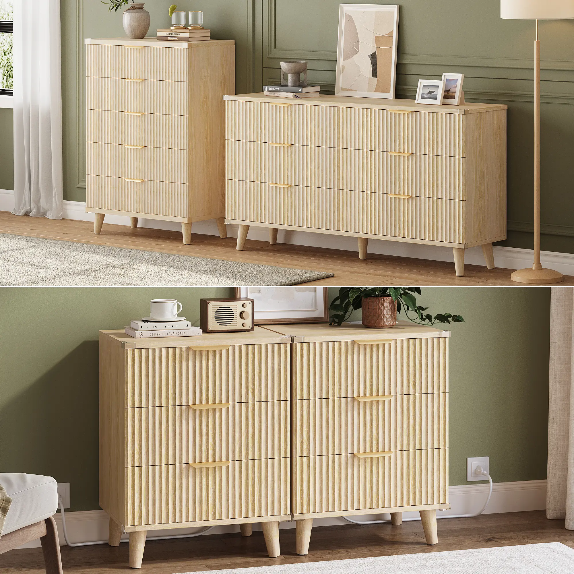 Aowos Boho Bedroom Set, Fluted Modern Dresser Furniture Set, 6 Drawers Dresser, 5 Drawer Vertical Dresser, 3 Drawers Dresser & 1 Drawer Nightstand with Charging Station, Dresser & TV Stand for Bedroom, Home, Dinning, Closet, Living Room, Hallway Modern St