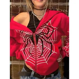 Y2K Spider Web Printed Zipper Hooded Sweatshirt, Long Sleeve Hoodie, Women's Clothing