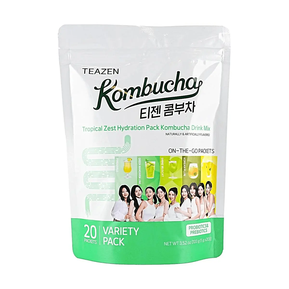 Teazen Kombucha Tropical Fruit Flavor - Probiotics & Prebiotics Drink Mix, 20 Sachets (100g) - Low Calorie, Gut Health Support, TWICE K-Pop Idol Recommended