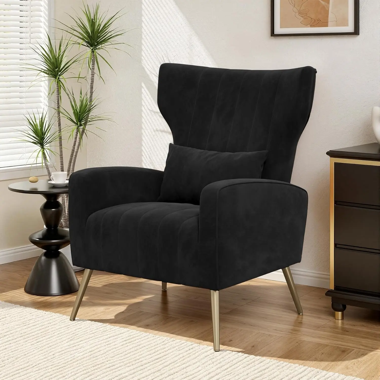 Modern Upholstered Accent Chair - Soft Velvet, Breathable, High Back, Golden Legs, Lumbar Pillow, Clean Design, Indoor Single Living Room Sofa by Luxanimarion, Modern Upholstered Chair, Single Seat