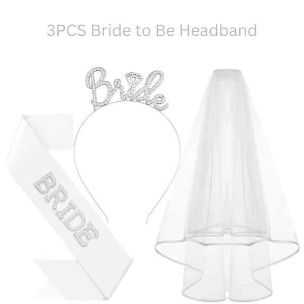 3PCS Bride to Be Headband, Sash & Veil Set, Bachelorette Party Decorations, Bridal Shower Accessories Summer Gift