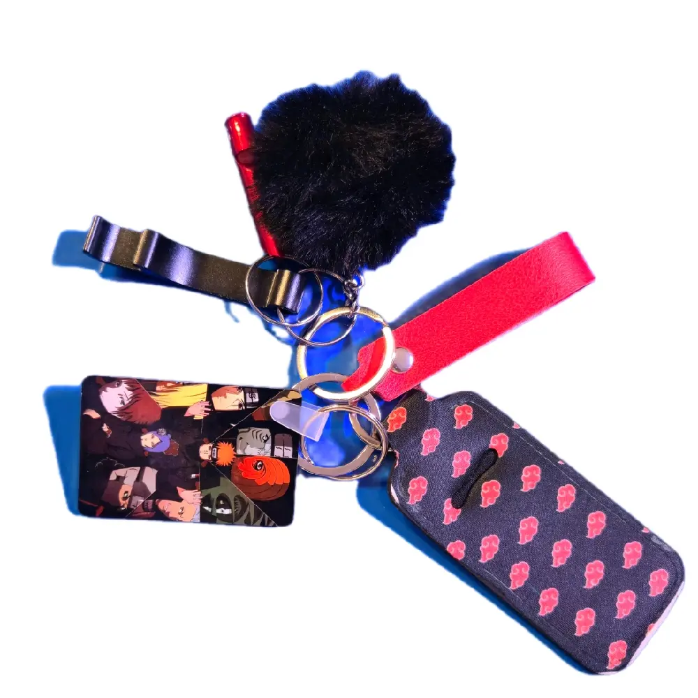 Akatsuki Inspired Keychain Set with Chapstick Holder Matching Wrist Strap Soft Puff Charm & Built-in Bottle Opener Anime Pride Accessories