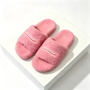 2026 Winter Furry Slippers for Women, Fluffy Plush Open Toe Slides, Warm Letter Print Flip Flops, Non-slip Sole Breathable Lightweight Indoor Outdoor House Shoes