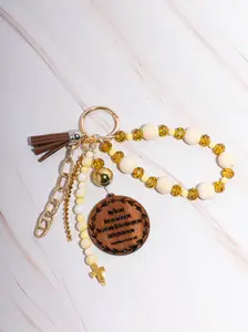 Faith Wristlet Keychain with Scripture Charm "The Lord Bless You" Numbers 6:24 Gold & Cream Beads 3-in-1 Keychain Bag Charm Wristlet Bracelet