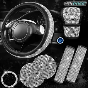 CAR PASS 7pcs Bling Car Accessories, Sparkly Rhinestone Steering Wheel Cover,Bling Seat Belt Cushion, Glitter Shift Knob Cover,Car Cup Holder Coaster