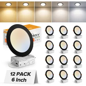 12 Pack 6 Inch 5CCT Black Ultra-Thin LED Recessed Lighting with Junction Box, 2700K-5000K Selectable, 1050LM High Brightness, Dimmable Canless Wafer Downlight, 12W 120V, ETL
