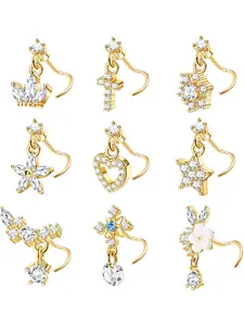 9 PCS Dangle Nose Rings - L/S Shaped for Women, 20G Stainless Steel Nose Rings Studs with Hypoallergenic Cubic Zirconia Cross, Crown, Flower, Heart Dangling Piercing Jewelry