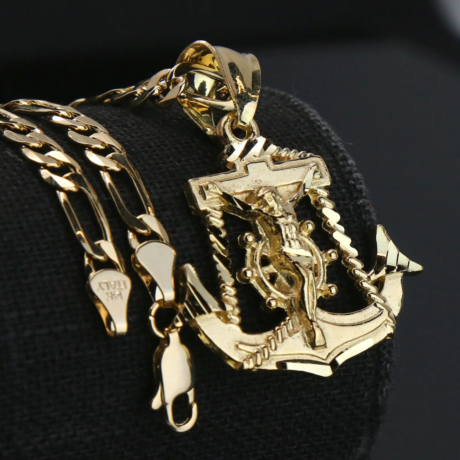MaxBling81 AAA+ Brass Jesus Anchor Pendant with 5mm 20"-24" 14K Stamped Figaro Chain, High-End Religious Hip Hop Accessory, Fashion Costume Jewelry Necklace