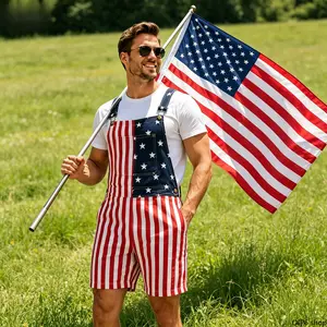 Unisex US Flag-Print Cropped Denim Overalls - Patriotic Summer Party Fashion Accessory Set