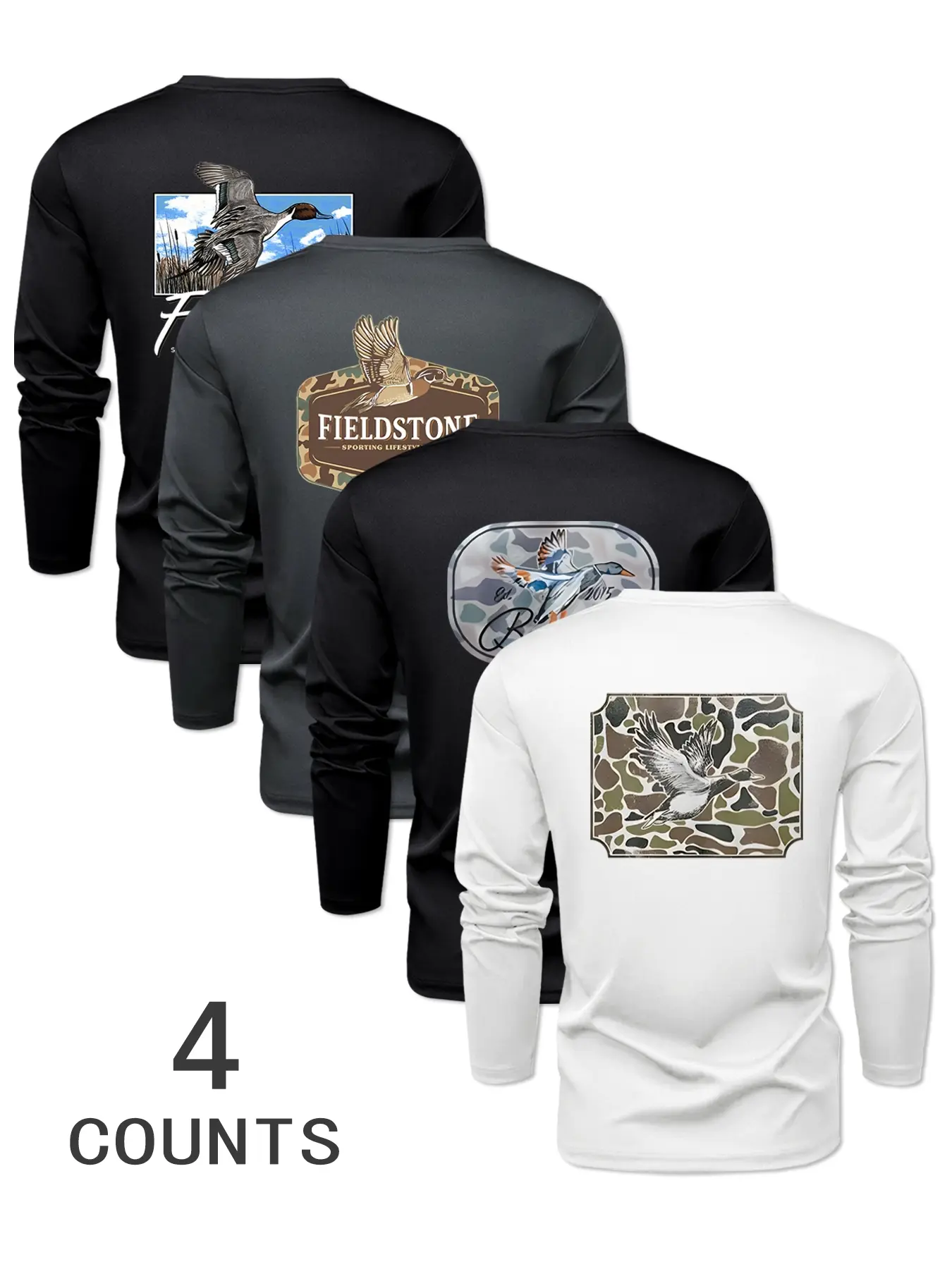 Men's Hot Selling 4-Piece Set Goose Print Animal Fitted Round Neck Long Sleeve T-Shirts, Menswear Comfortable Elastic Stretch Fabric, Casual Spring & Fall Wear, Apparel T Shirt