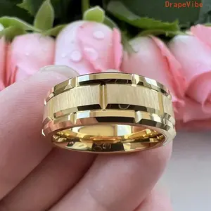 Golden 304 Stainless Steel Unisex Ring, Brick Pattern Brushed Band With Comfort Fit For Wedding And Daily Wear
