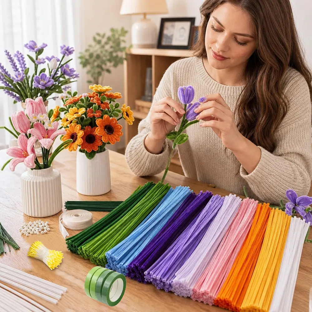 1346Pcs Bulk Pack Pipe Cleaners Flower Craft Kit, 11.81in x 7mm Chenille Stems for Bouquets, Indoor Decor & DIY Decoration - Home Improvement Building Supplies Wallpaper & Wall Trim