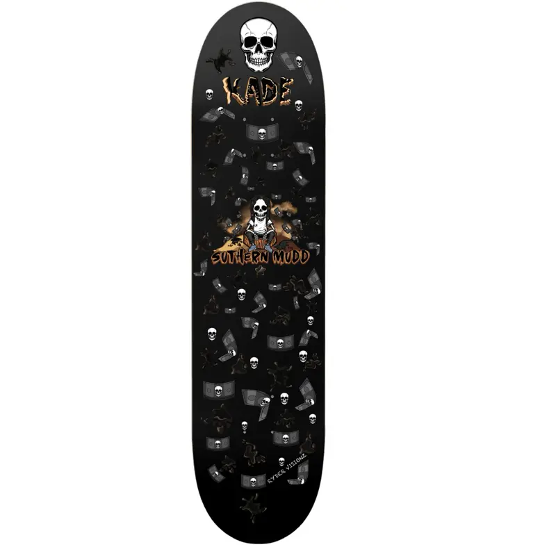 Suthern Mudd KADE Skateboard Deck with Skull Design and Black Background for Skateboarding  Enthusiasts (Note) Graphics are just at on the bottom deck video is for advertising purposes in which graphics are in the top and bottom.