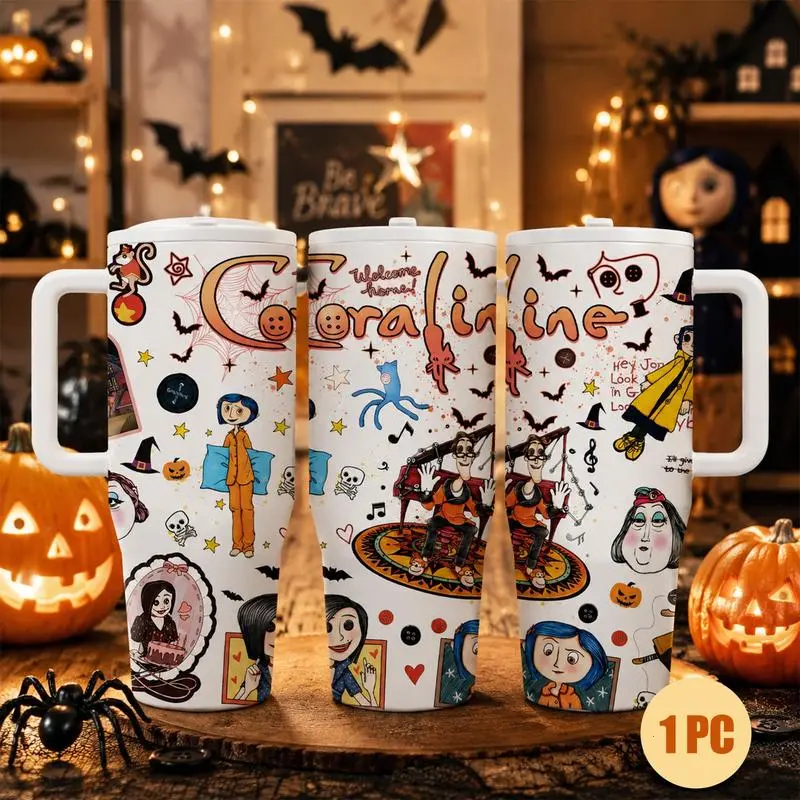 1pc 40oz Stainless Steel Tumbler with Lid and Straw, Coraline Dark Fantasy Cartoon Style, Vacuum Insulated Thermal Cup, Keep Hot 12H / Cold 24H, Creepy Cute Travel Mug for Movie Fans, Unique Gift for Horror Aesthetic Lovers and Animation Enthusiasts