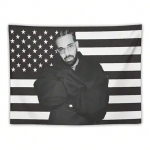 Music Drake Retro Album Black And White American Flag Tapestry, Soft Polyester Fabric With Unique Design, Suitable For Hanging Decoration