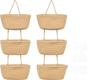 3-layer hanging baskets beside the door. Adjustable and detachable woven storage baskets, equipped with wall and door hooks - suitable for decorative Bohemian-style storage items in baby rooms, playrooms, bedrooms, kitchens, and apartments.