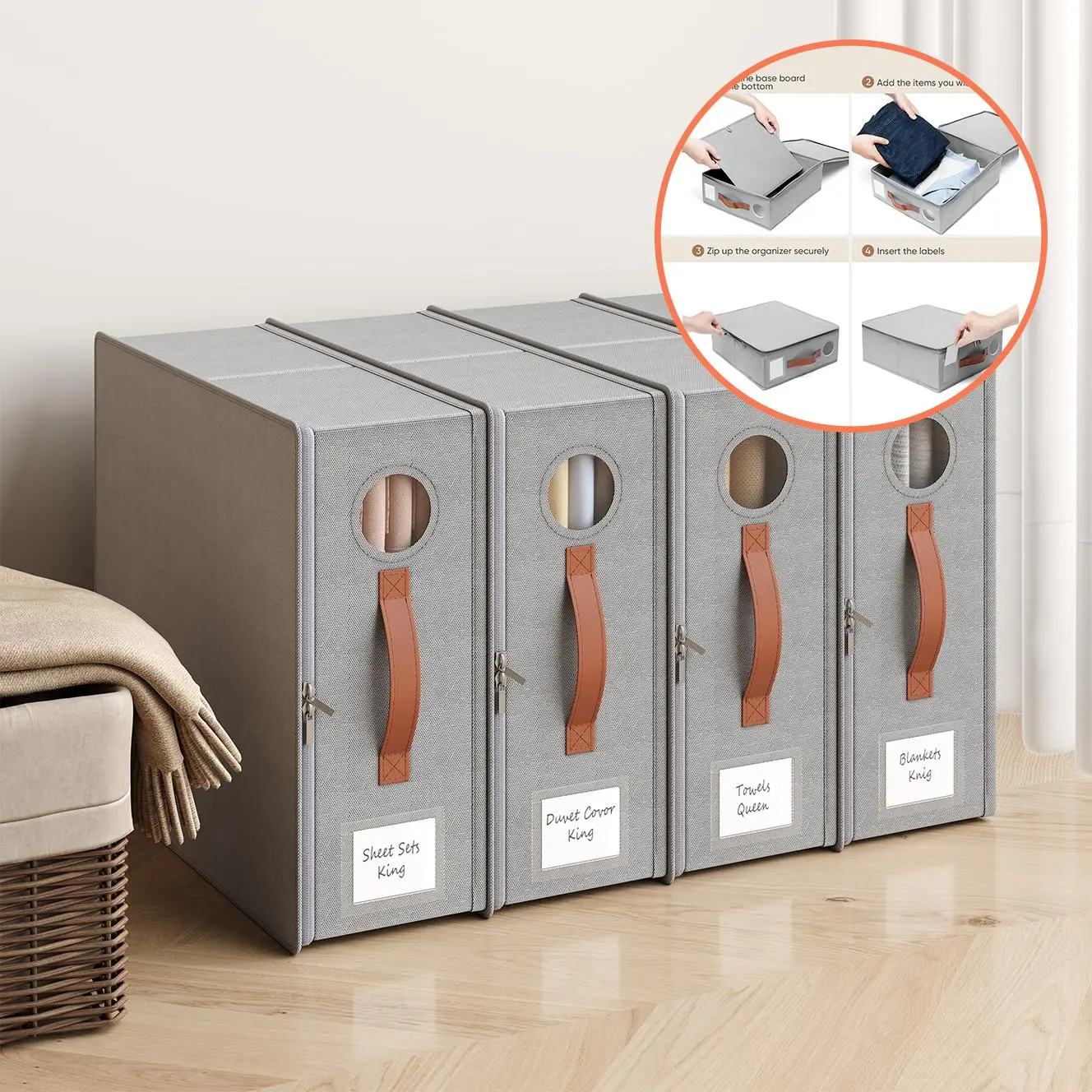 TRZZ Bed Sheet Organizer 4 Pack – Keep Your Linen Closet Clean & Clutter-Free, Foldable Storage Bins with Clear Window, Perfect for Queen/King Sheets, Blankets & Pillows (15×13×5”)#Summervibes