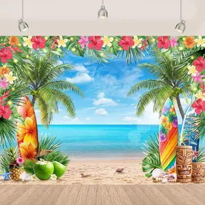Tropical Beach Photography Backdrop Hawaiian Luau Party Decoration Tiki Bar Surfboard Background Summer Seaside Palm Trees Coconut Pineapple Banner Aloha Birthday Photo Booth Prop Floral Ocean Scene Studio Wall Decor