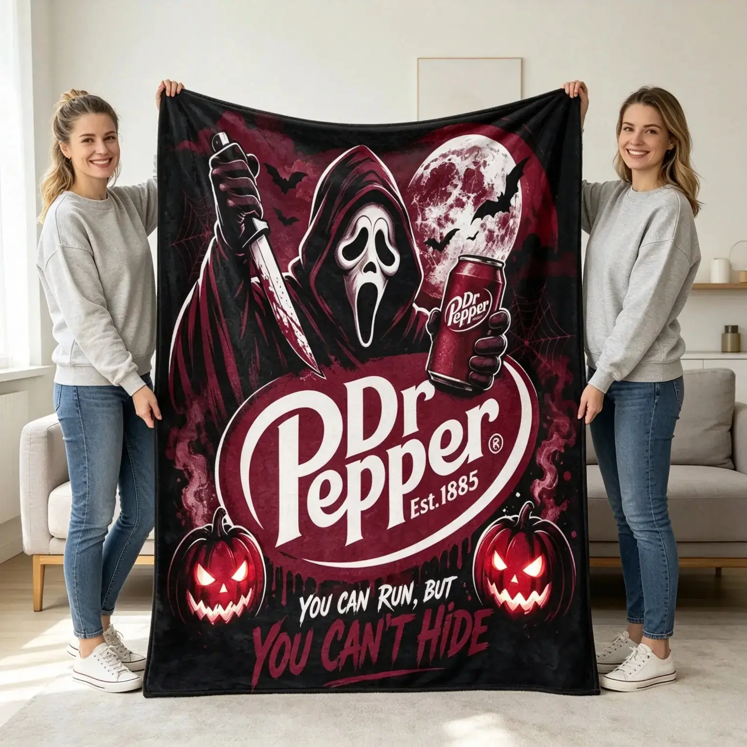 Ghostface Halloween Flannel Blanket, Soft Fleece Throw, Scream Horror Movie Print, Sofa Bed Couch Decor, Pumpkin Moon Design