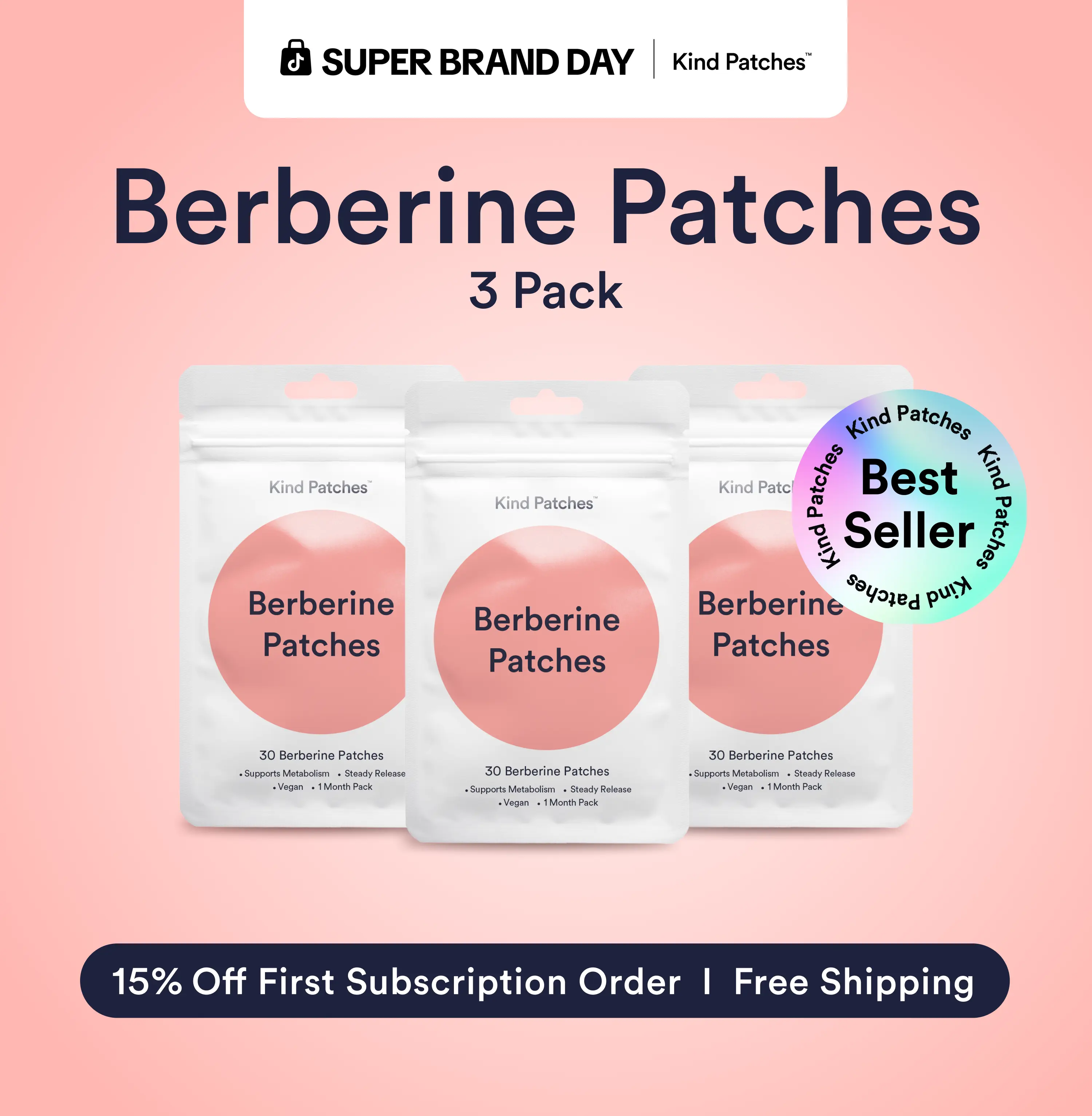 3 Packs of Kind Patches Berberine Patches, Support Metabolism, Steady Release, Support Metabolism, Plant-based Ingredients, Absorbs through the Skin,Vegan, 3 Months Supply