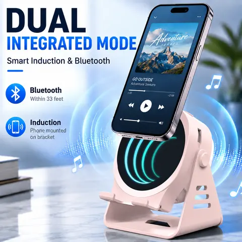 CEESOOI Compact 7-in-1 Acrylic Wireless Induction LED Bluetooth Speaker Stand - USB-C Rechargeable Portable Charger, 360° Adjustable Smartphone/Tablet Holder, Colorful Ambient Light, Audios Connection, Ideal Gift for Men (Father's Day)