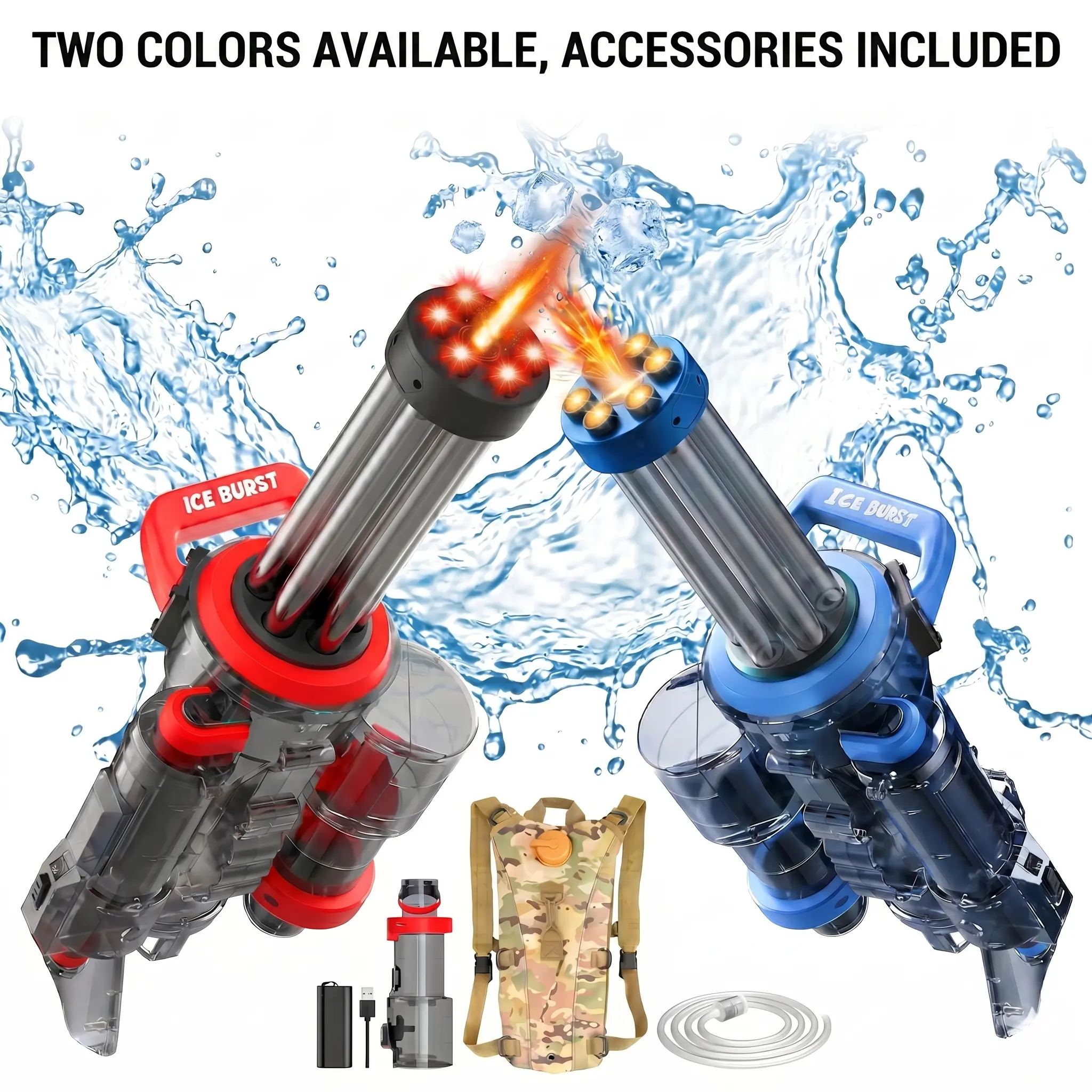 Gatling Electric Water Gun - Rapid-Fire Summer Water Blaster Toy with Rotating Barrel, LED Light, Long Range, Automatic Function, Backpack & 1 Battery, Outdoor Toy for Kids Ages 8-12, Water Guns