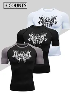 3pcs Men's Compression Quick-Dry Gym T-Shirts - Moisture-Wicking Breathable High-Elasticity Muscle Shirts with Gothic Lettering Print, Tight-Fit Workout Tees for Running, Training, Athletic Shirt