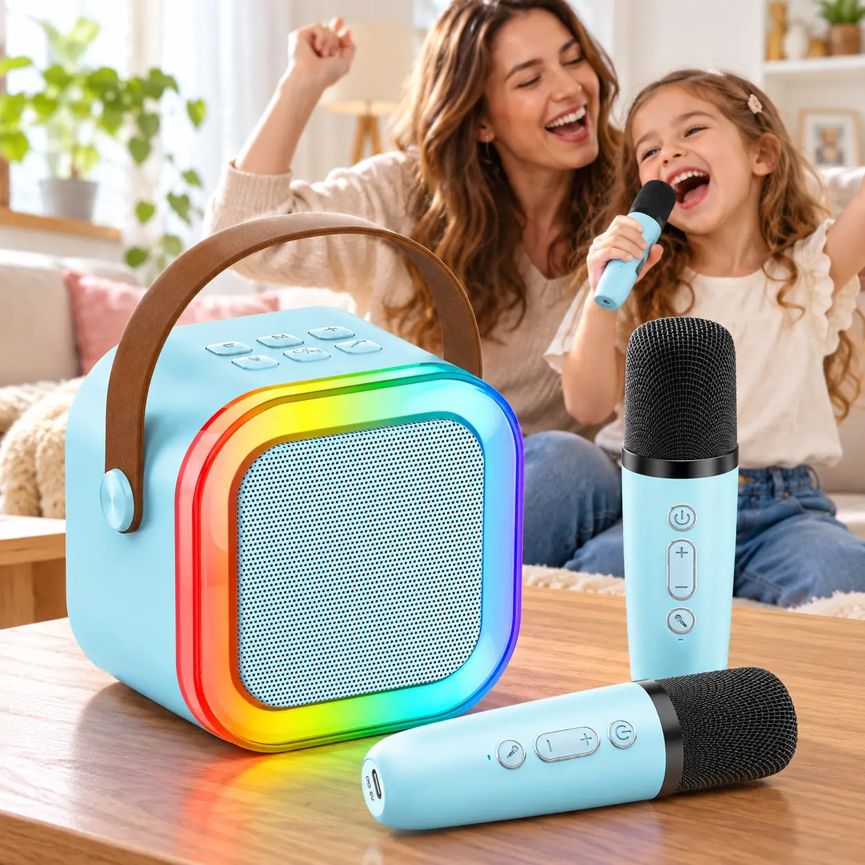 Mini Karaoke Machine for Kids with 2 Wireless Mics, Bluetooth Singing Speaker with Voice Changer and Colorful Lights, Birthday Christmas Gift for Girls and Boys