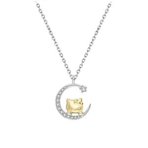 Sanrio Hello Kitty Star Moon Necklace Celestial Charm Gold Cat on Silver Crescent Moon Jewelry Unisex Fashion Accessory