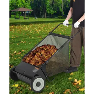26-Inch Push Lawn Sweeper, 7 Cu. Ft. Large Push mower, 4 Spinning Brushes, Adjustable Height, Manual Yard and Garden Sweeper for Leaves, Grass, Debris