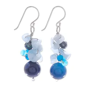 NOVICA Artisan Handmade Cultured Freshwater Pearl Aquamarine Cluster Earrings Unique .925 Sterling Silver Agate Glass Bead White Blue Thailand Scuba Birthstone 'Blue Love'